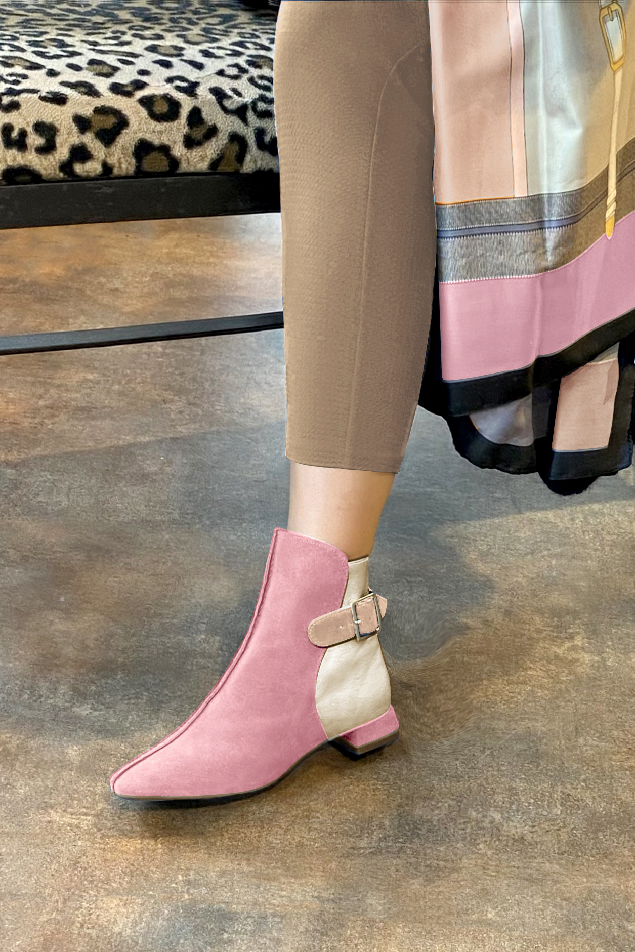 Carnation pink, gold and biscuit beige women's ankle boots with buckles at the back. Square toe. Flat flare heels. Worn view - Florence KOOIJMAN